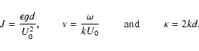 \begin{displaymath}J = \frac{\epsilon g d}{U_0^2} , \qquad \nu = \frac{\omega}{k U_0} \qquad
\mbox{ and } \qquad \kappa = 2kd .
\end{displaymath}