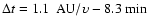 $\Delta t=1.1~\rm ~AU/\upsilon-8.3~\rm
min$