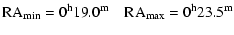 $\displaystyle {\rm RA}_{\min}=0^{\rm h}19.0^{\rm m}\quad {\rm RA}_{\max}=0^{\rm h}23.5^{\rm m}$