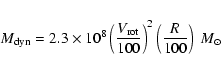 \begin{eqnarray*}M{_{\rm dyn} = 2.3 \times 10^8 \left({V_{\rm rot} \over100}\right)^2
\left({R \over 100}\right)~M_{\odot}}
\end{eqnarray*}