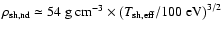 $ \rho_{\rm sh,nd} \simeq 54\ {\rm g\ cm}^{-3}\times \left(T_{\rm sh,eff}/100\; {\rm eV}\right)^{3/2}$