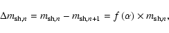 \begin{displaymath}
\Delta m_{{\rm sh,}n} = m_{{\rm sh}, n} - m_{{\rm sh}, n+1}= f\left(\alpha\right) \times
m_{{\rm sh},n} ,
\end{displaymath}