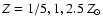 $Z=1/5, 1, 2.5~Z_{\odot}$