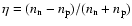 $\eta = (n_{\rm n} - n_{\rm p})/(n_{\rm n} + n_{\rm p})$