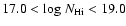 $17.0<{\rm log}~N_{\rm H {\sc i}}<19.0$