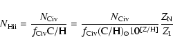\begin{displaymath}N_{\rm H {\sc ii}}=\frac{N_{\rm C {\sc iv}}}{f_{\rm C {\sc iv...
...}}({\rm C/H})_\odot10^{\rm [Z/H]}}
\frac{Z_{\rm N}}{Z_{\rm I}}
\end{displaymath}