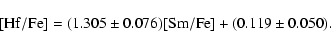\begin{displaymath}[{\rm Hf/Fe}]= (1.305 \pm 0.076)[{\rm Sm/Fe}] + (0.119 \pm 0.050).
\end{displaymath}