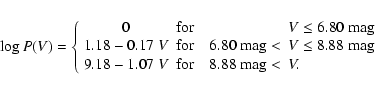 \begin{displaymath}
\log P(V) = \left\{
\begin{array}{cll}
0 & \mbox{for}\qua...
...box{for}\quad 8.88~\mbox{mag} < & V. \\
\end{array} \right.
\end{displaymath}