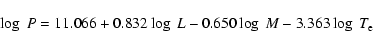 \begin{displaymath}
\log~P=11.066 + 0.832 \log~L - 0.650 \log~M -3.363 \log~T_{\rm e}
\end{displaymath}