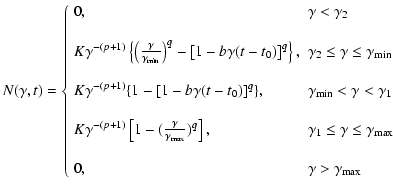 $\displaystyle N(\gamma,t)= \left\{ \begin{array}{ll}
0,& \mbox{$\gamma< \gamma_...
...m max}$ }\\
& \\
0, & \mbox{$ \gamma > \gamma_{\rm max}$ }
\end{array}\right.$