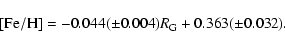 \begin{displaymath}{\rm [Fe/H]}=-0.044(\pm {0.004}) R_{\rm G} + 0.363(\pm {0.032}) .
\end{displaymath}