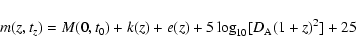 \begin{displaymath}%
m(z,t_z) = M(0,t_0) + k(z) + e(z) + 5\log_{10}[D_{\rm A} (1+z)^2] + 25
\end{displaymath}