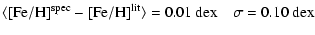 $\displaystyle \langle [{\rm Fe/H}]^{\rm spec} - [{\rm Fe/H}]^{\rm lit} \rangle = 0.01~{\rm dex} \quad \sigma=0.10~{\rm dex}$