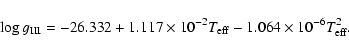 \begin{displaymath}%
\log g_{\rm III} = -26.332+1.117 \times 10^{-2}{T}_{{\rm eff}}-1.064 \times 10^{-6} {T}_{{\rm eff}}^{2}.
\end{displaymath}