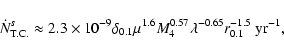\begin{displaymath}\dot N^{s}_{\rm T.C.} \approx 2.3\times 10^{-9}
\delta_{0.1}\...
....6}M_{4}^{0.57} \lambda^{-0.65} r_{0.1}^{-1.5}~{\rm yr}^{-1} ,
\end{displaymath}