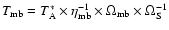 $T_{\rm mb}=T_{\rm A}^* \times \eta_{\rm mb}^{-1}\times \Omega_{\rm mb} \times \Omega_{\rm S}^{-1}$