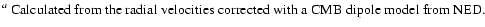 $\textstyle \parbox{13.5cm}{
$^{{a}}$\space Calculated from the radial velocities corrected with a CMB~dipole model from NED.}$