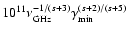 $10^{11}\nu_{\rm GHz}^{-1/(s+3)}\gamma_{\rm min}^{(s+2)/(s+5)}$