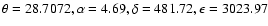 $\theta
= 28.7072, \alpha = 4.69, \delta = 481.72, \epsilon= 3023.97$