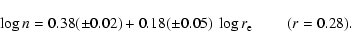 \begin{displaymath}\log n = 0.38 (\pm 0.02) + 0.18 (\pm 0.05)~\log r_{\rm e}\ \qquad (r = 0.28).
\end{displaymath}