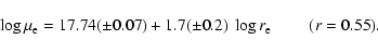 \begin{displaymath}\log \mu_{\rm e} = 17.74 (\pm 0.07) + 1.7 (\pm 0.2)~\log r_{\rm e}\ \qquad (r = 0.55).
\end{displaymath}