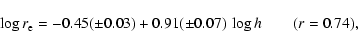 \begin{displaymath}\log r_{\rm e} = -0.45 (\pm 0.03) + 0.91 (\pm 0.07)~\log h \qquad (r = 0.74),
\end{displaymath}