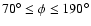 $70^{\circ} \le \phi \le
190^{\circ}$