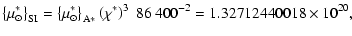 $\displaystyle {\left\{\mu_\odot^*\right\}}_{\rm SI}={\left\{\mu_\odot^*\right\}}_{\rm A*}\left(\chi^*\right)^3~86~400^{-2}
=1.32712440018\times10^{20},$