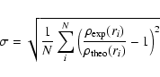 \begin{displaymath}%
\sigma=\sqrt{\frac{1}{N}\sum_{i}^N\Big(\frac{\rho_{\rm exp}(r_{i})}{\rho_{\rm theo}(r_{ i})}-1\Big)^2}
\end{displaymath}