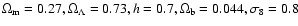 $\Omega_{\rm m} = 0.27, \Omega_\Lambda
= 0.73, h = 0.7, \Omega_{\rm b} = 0.044, \sigma_8 = 0.8$