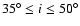 $35^\circ \leq i \leq 50^\circ$