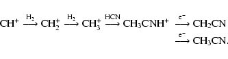 \begin{displaymath}%
\begin{array}{rl}
\rm CH^+ \stackrel{H_2} \longrightarrow C...
...2CN \\
&\rm\stackrel{e^-} \longrightarrow CH_3CN.
\end{array}\end{displaymath}
