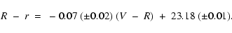 \begin{displaymath}R~-~r~=~-0.07~({\pm}0.02)~(V~-~R)~+~23.18~({\pm}0.01).
\end{displaymath}