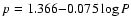 $p = 1.366 {-} 0.075 \log P$