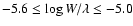 $-5.6\leq \log W/\lambda \leq -5.0$