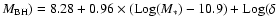 $M_{\rm BH}) =
8.28+0.96\times({\rm Log}(M_{*})-10.9)+{\rm Log}(\delta$