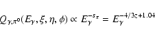\begin{displaymath}%
Q_{\gamma,\pi^0}(E_{\gamma},\xi,\eta,\phi)\propto
E_{\gamma}^{-s_{\pi}}=E_{\gamma}^{-4/3z+1.04}
\end{displaymath}
