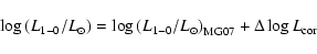 \begin{displaymath}%
\log \left(L_{1-0}/L_{\odot}\right) = \log \left(L_{1-0}/L_{\odot}\right)_{\rm
MG07} + \Delta\log L_{\rm cor}
\end{displaymath}