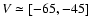 $V\simeq[-65, -45]$