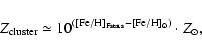 \begin{displaymath}%
Z_{\rm cluster} \simeq 10^{([{\rm Fe/H}]_{\rm Fstars}-[{\rm Fe/H}]_{\odot})} \cdot Z_{\odot},
\end{displaymath}