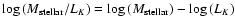 $\log{(M_{\rm stellar}/L_K)}=\log{(M_{\rm stellar})}-\log{(L_K)}$