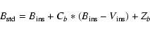 \begin{displaymath}B_{\rm std} = B_{\rm ins} + C_b*(B_{\rm ins} - V_{\rm ins}) + Z_b \end{displaymath}