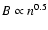 $B\propto n^{0.5}$