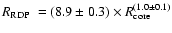 $\mbox{$\space R_{\rm RDP}$ }=(8.9\pm0.3)\times R_{\rm core}^{(1.0\pm0.1)}$