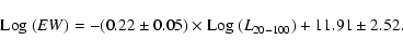 \begin{displaymath}{\rm Log}~(EW)=-(0.22\pm0.05)\times{\rm Log}~(L_{20-100})+11.91\pm2.52.
\end{displaymath}
