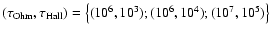$(\tau_{\rm Ohm}, \tau_{\rm Hall})= \left\{
(10^6, 10^3); (10^6, 10^4); (10^7, 10^5) \right\}$