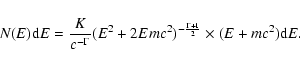 \begin{displaymath}%
N(E) {\rm d}E = \frac{K}{c^{-\Gamma}} (E^2 + 2Emc^2)^{-\frac{\Gamma+1}{2}} \times
(E+mc^2) {\rm d}E.
\end{displaymath}
