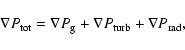 \begin{displaymath}
\nabla P_{\rm tot} = \nabla P_{\rm g} +
\nabla P_{\rm turb} + \nabla P_{\rm rad},
\end{displaymath}
