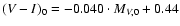 $(V-I)_0 = -0.040\cdot M_{V,0}+0.44$