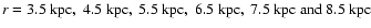 $r = 3.5~ {\rm kpc},\ 4.5~ {\rm kpc},\ 5.5~ {\rm kpc},\
6.5~ {\rm kpc}, \ 7.5~ {\rm kpc} {\rm \ and}\ 8.5~ {\rm kpc}$